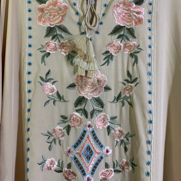 CHICO'S Poncho Fully Embroidered‎ Front Scoop Neck w/Tassel Ties Fringe Hem - Picture 4 of 12